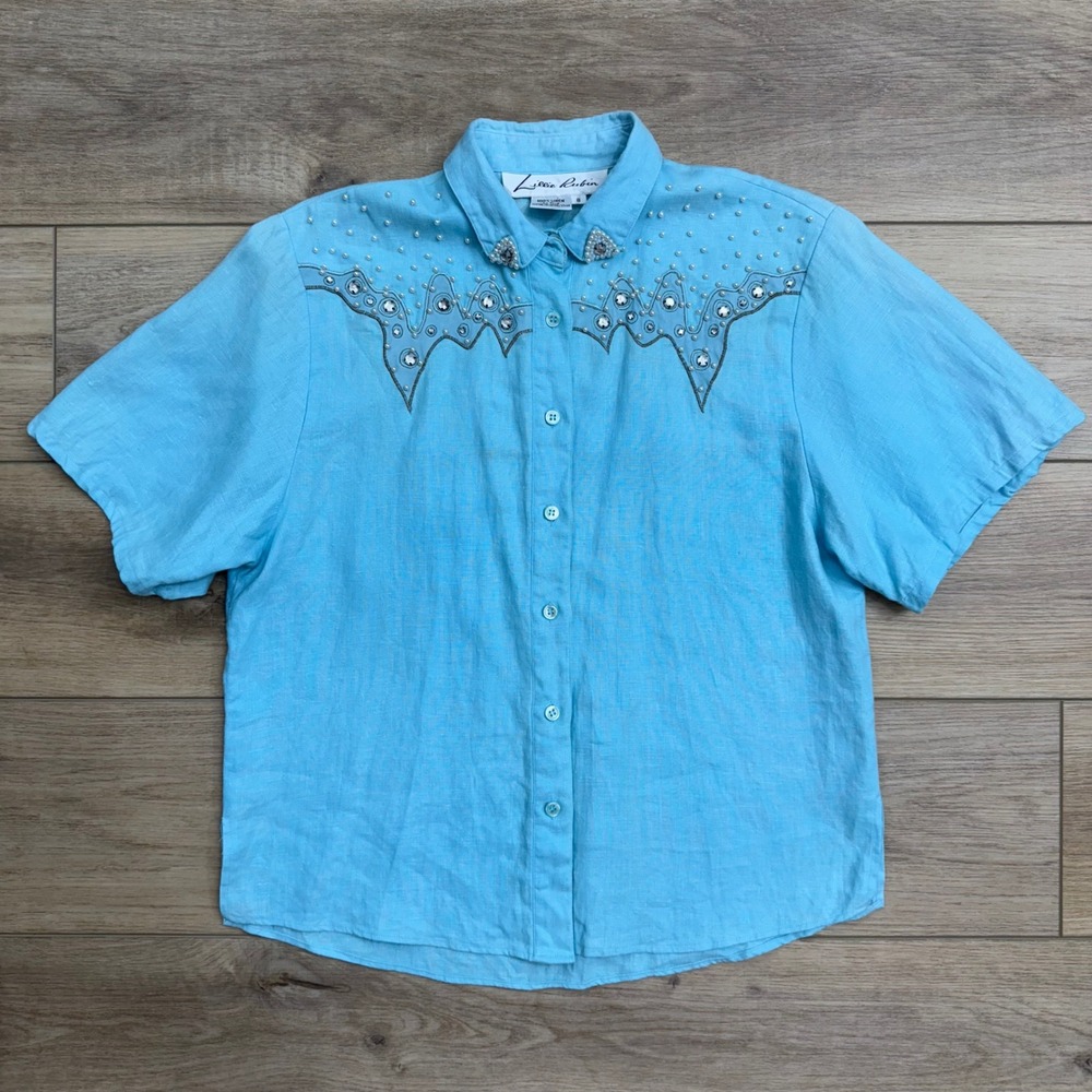 Lillie Rubin Vintage Western Cowgirl Linen Shirt Top‎ Embroidered Leather